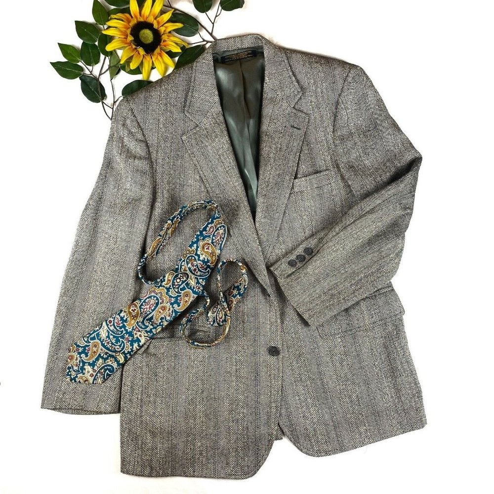 VTG Brooks Brothers Brooksgate Blazer Jacket Suit Coat Gray Herringbone USA 44R